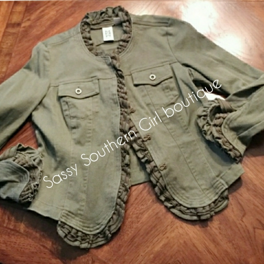 ⭐🆕 Marc Bouwer tan military moto ruffle jacket